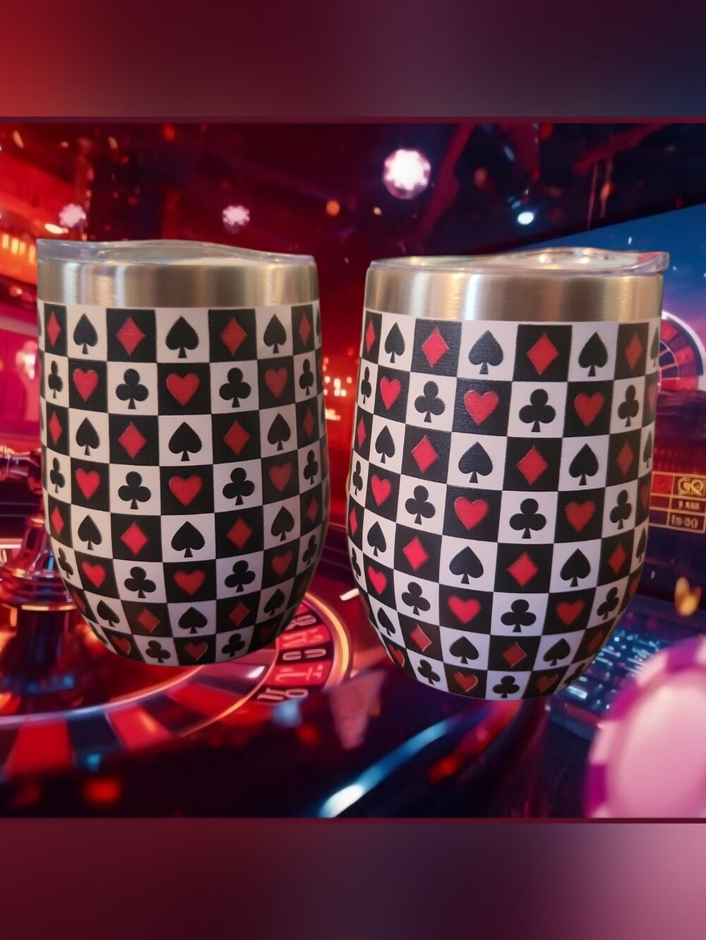 Insulated Playing Card Pattern Wine Tumblers/Straws- Set Of 2 Red & Black. NIB